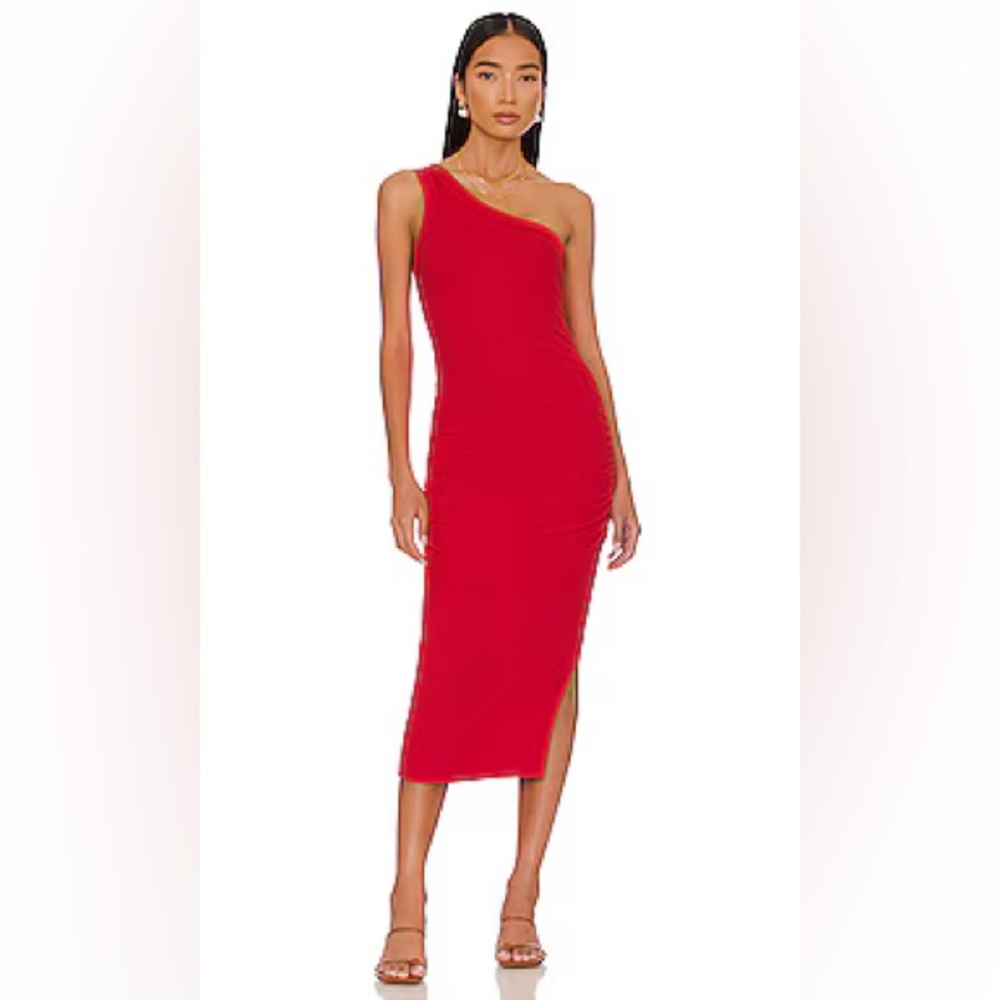 Michael Stars Coco One Shoulder Ultra Ribbed Knit Midi Dress Size M Salsa Red - Picture 1 of 15